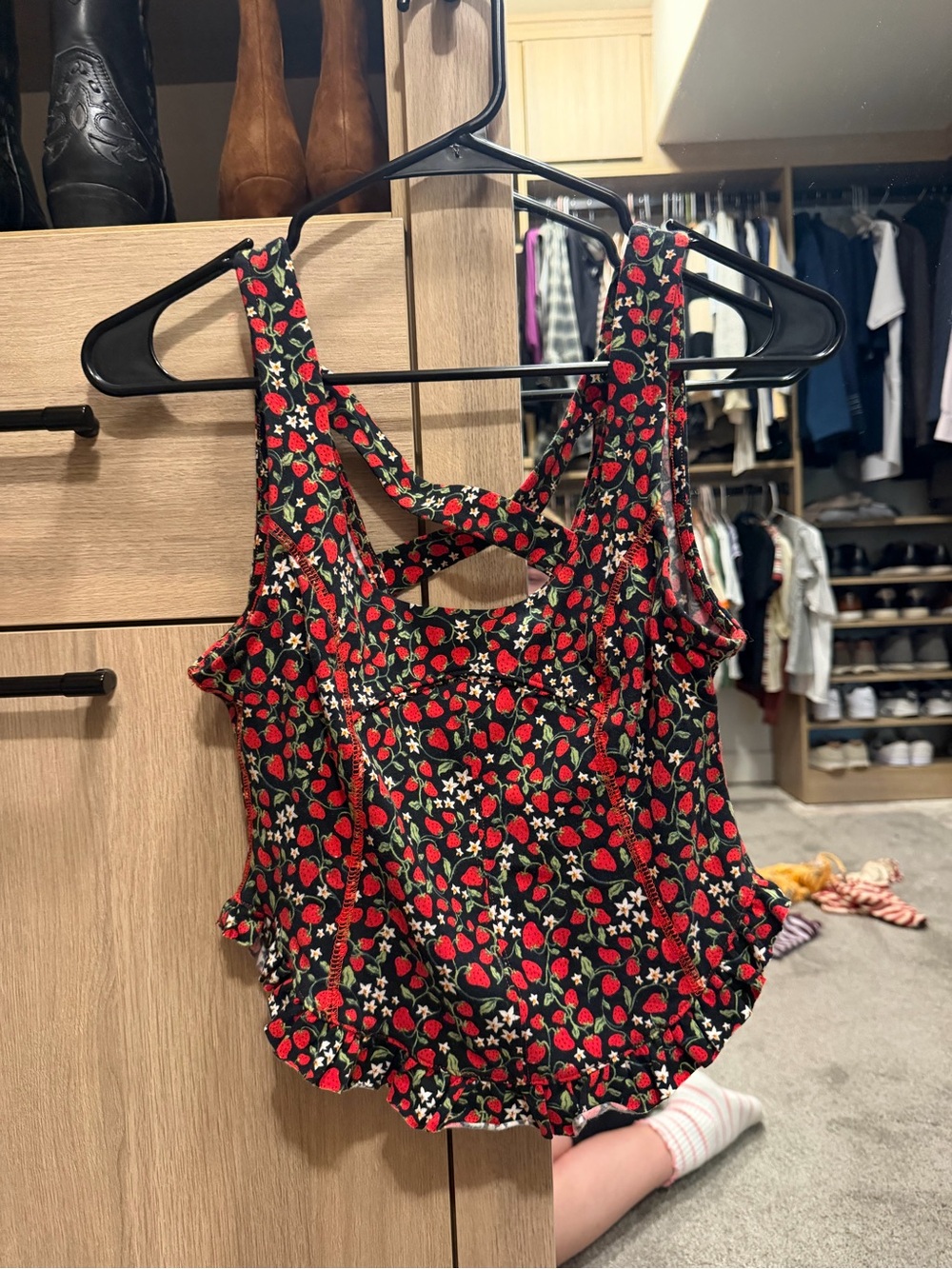 Free People Black Tank Top with Red Strawberry Print